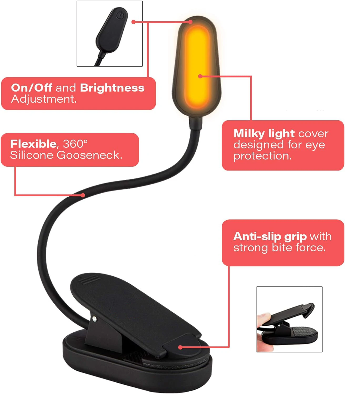Rechargeable Clip On Blue Blocking Amber LED Light for Reading in Bed 1600K Eye Care Light for Strain-Free Healthy Eyes