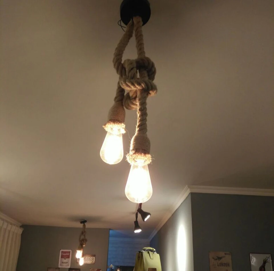 Hemp Rope Pendant Lights Vintage Retro Hanging Lamp E27 AC 85-265V Industrial Decor Home Restaurant Pendant Lamp Edison Hanglamp