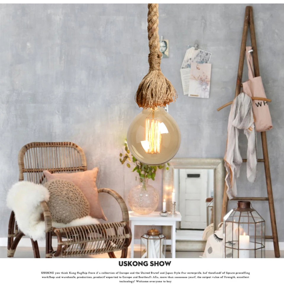 Hemp Rope Pendant Lights Vintage Retro Hanging Lamp E27 AC 85-265V Industrial Decor Home Restaurant Pendant Lamp Edison Hanglamp