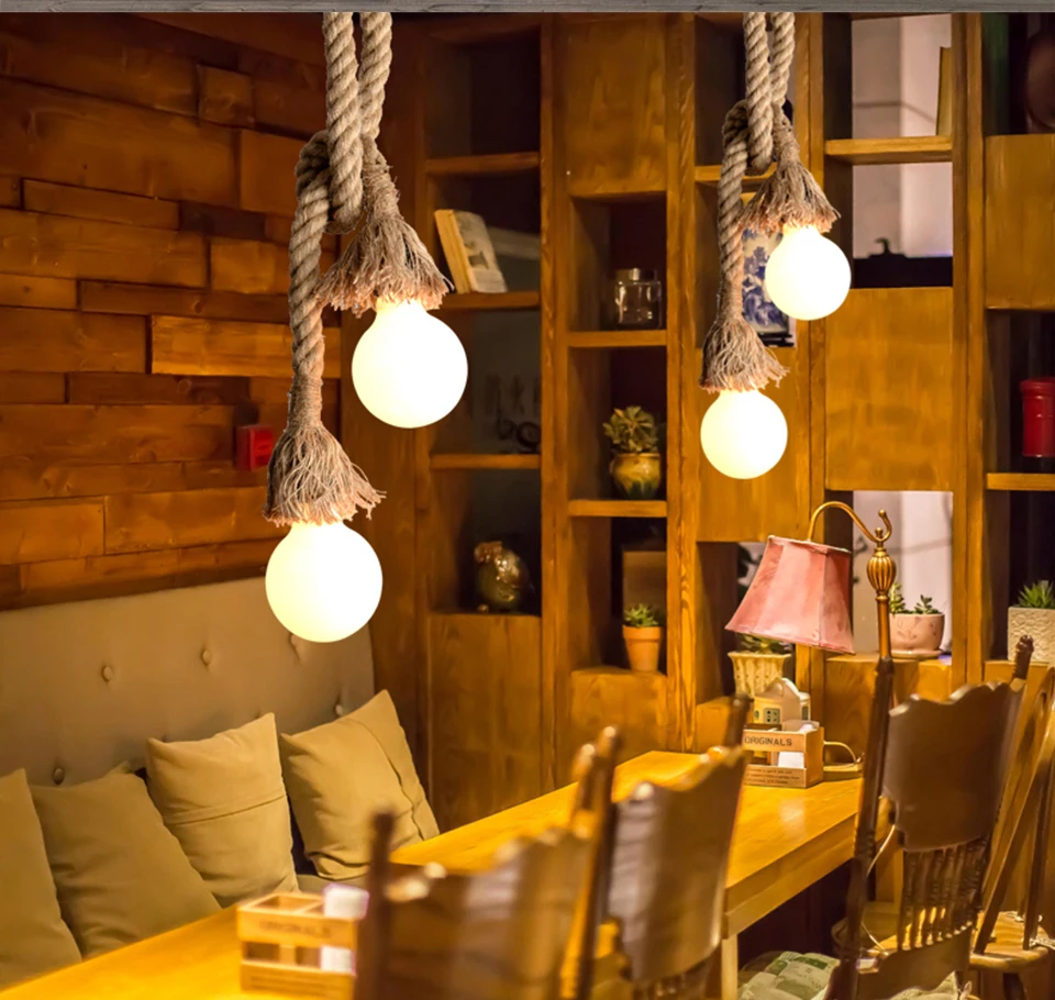 Hemp Rope Pendant Lights Vintage Retro Hanging Lamp E27 AC 85-265V Industrial Decor Home Restaurant Pendant Lamp Edison Hanglamp