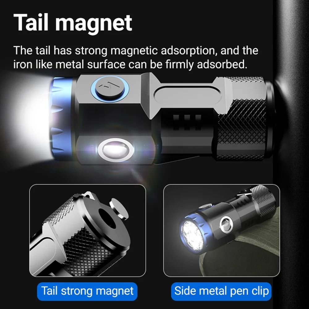 6500k 8x P35 Led High Bright Mini Palm Small Flashlight USB Charging COB Side Light Magnet Hiking Camping Home Work Repai Torch