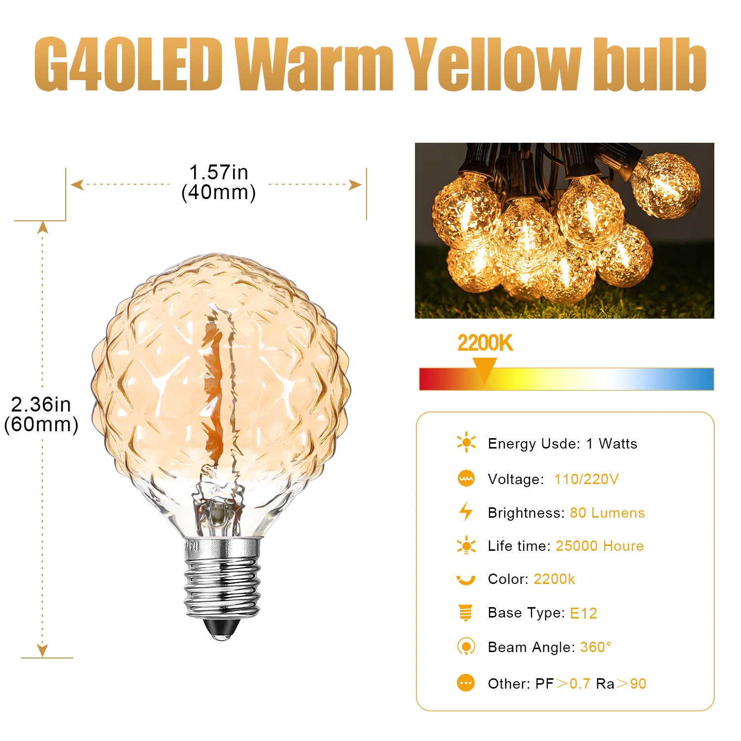 Waterproof Garden Festoon LED Light Outdoor G40 1W Ice Diamond Connectable String Lights Garland Bright Chain Wedding Decoration