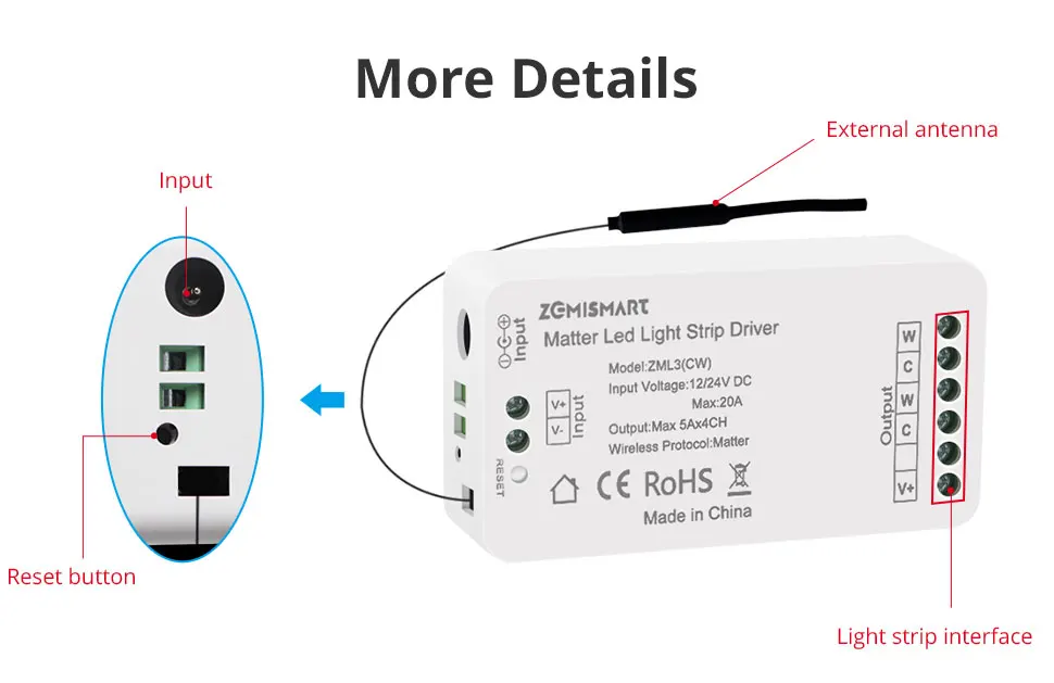 Zemismart Matter Over WiFi RGBCW CCT Led Strip Light Driver Smart Controller Work with Homekit Smartthings Google Home Alexa HA