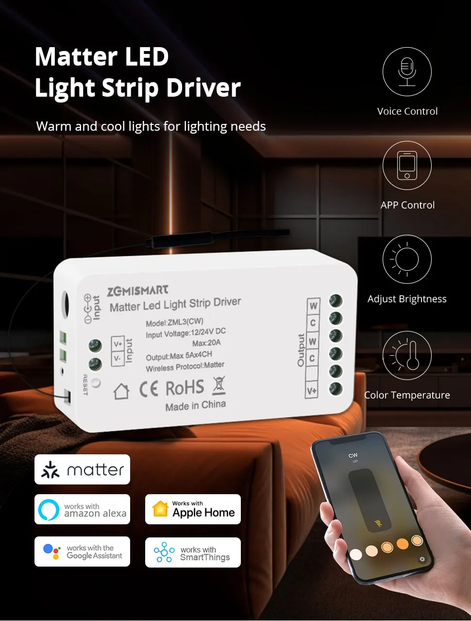 Zemismart Matter Over WiFi RGBCW CCT Led Strip Light Driver Smart Controller Work with Homekit Smartthings Google Home Alexa HA