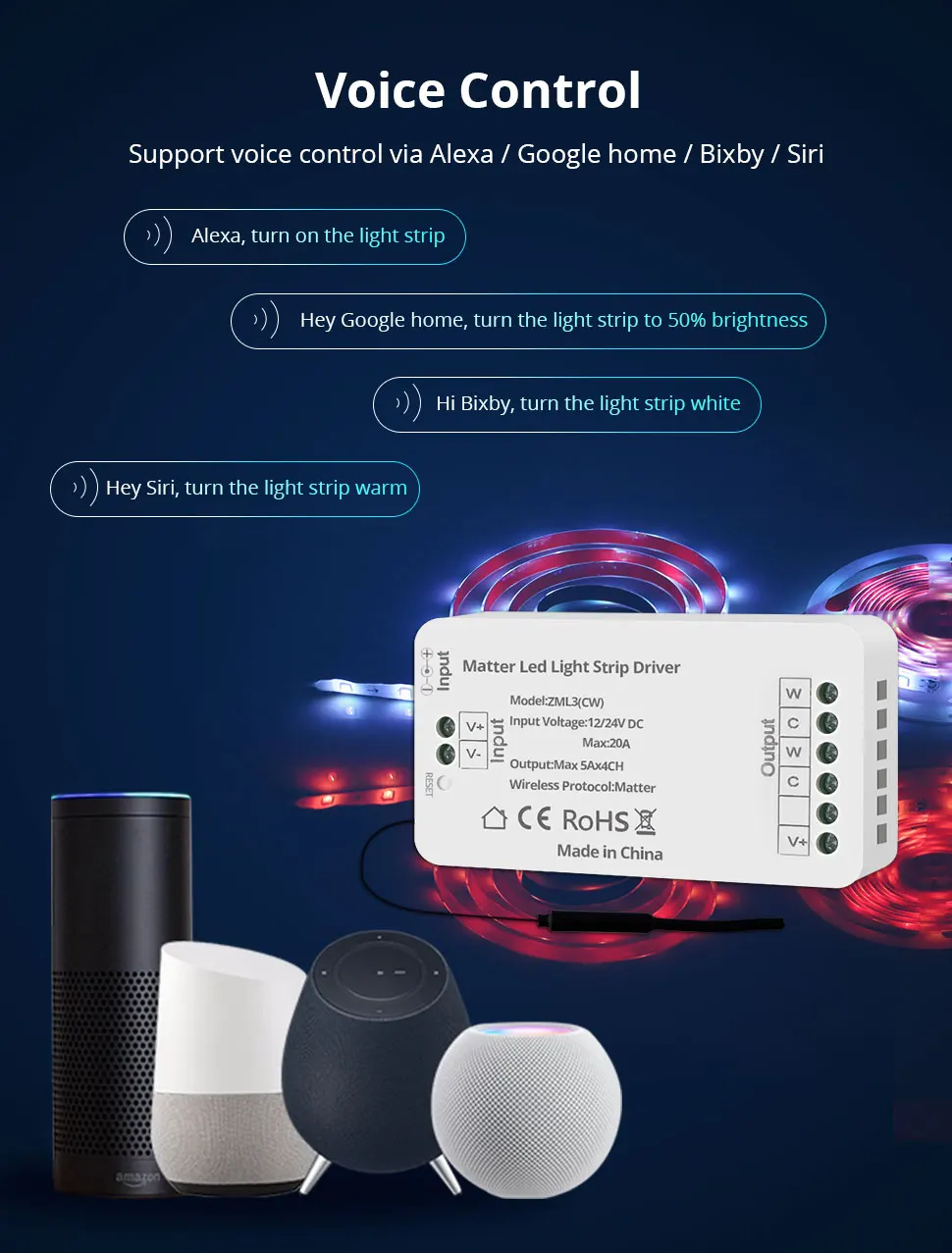 Zemismart Matter Over WiFi RGBCW CCT Led Strip Light Driver Smart Controller Work with Homekit Smartthings Google Home Alexa HA