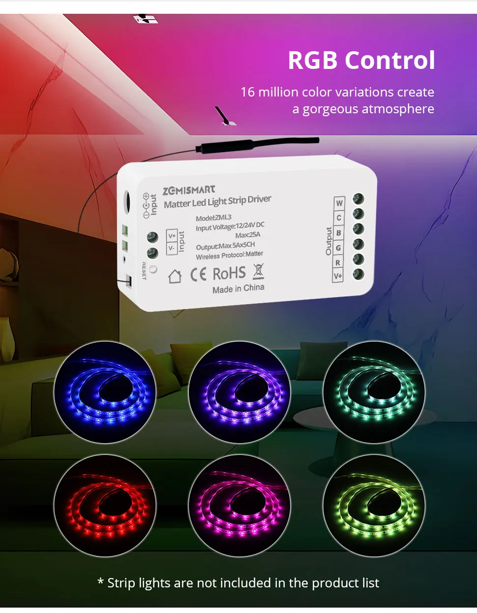 Zemismart Matter Over WiFi RGBCW CCT Led Strip Light Driver Smart Controller Work with Homekit Smartthings Google Home Alexa HA