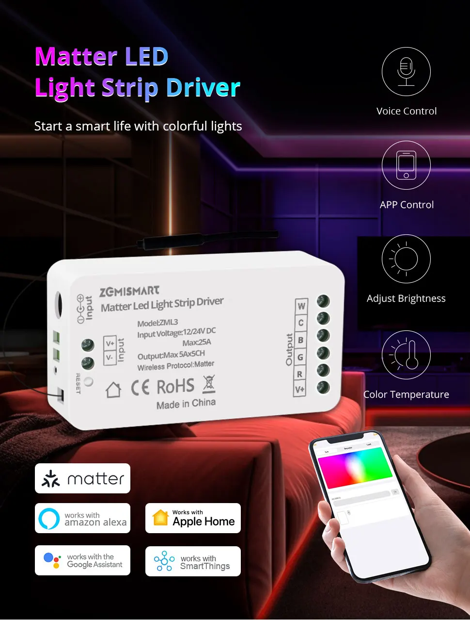 Zemismart Matter Over WiFi RGBCW CCT Led Strip Light Driver Smart Controller Work with Homekit Smartthings Google Home Alexa HA