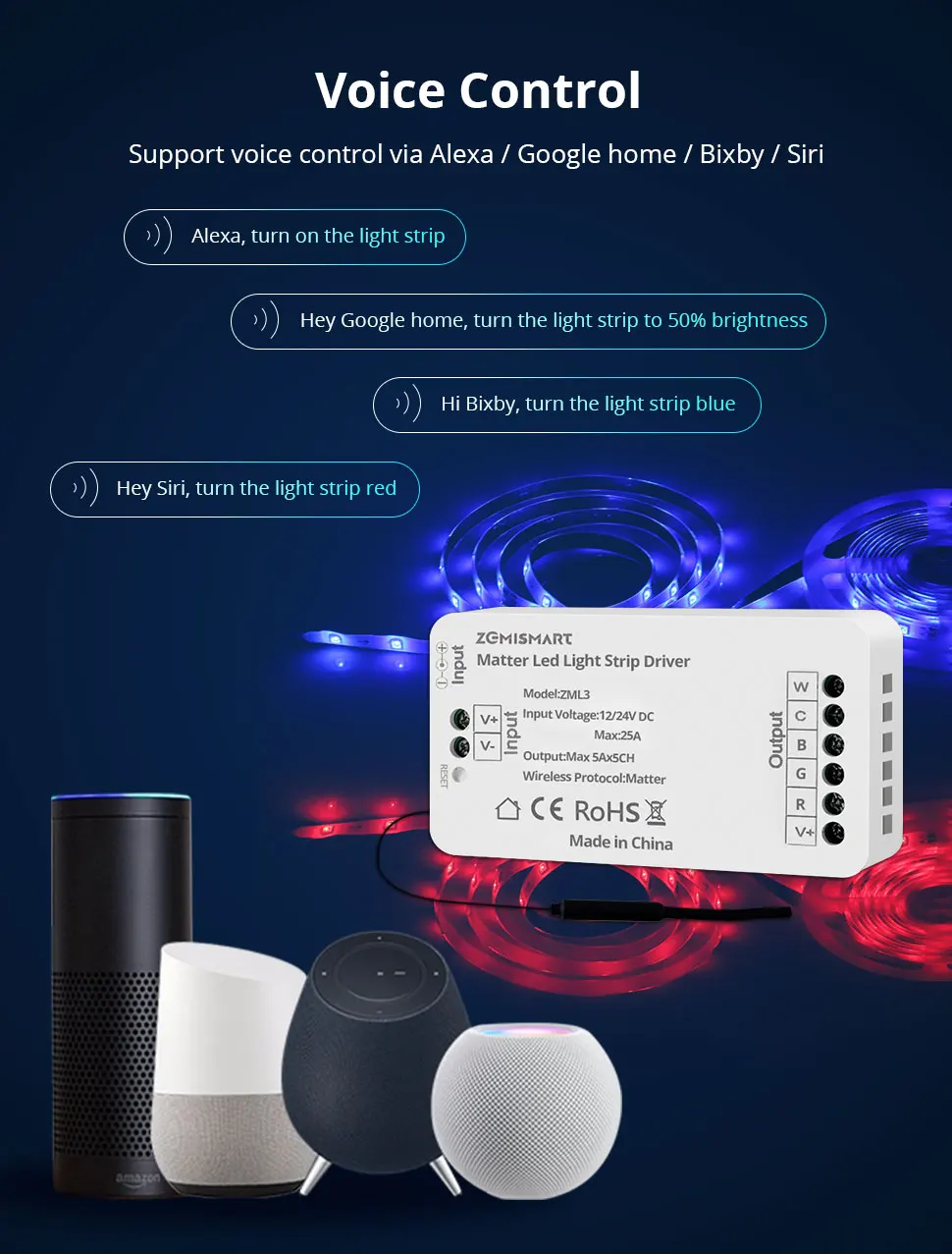 Zemismart Matter Over WiFi RGBCW CCT Led Strip Light Driver Smart Controller Work with Homekit Smartthings Google Home Alexa HA