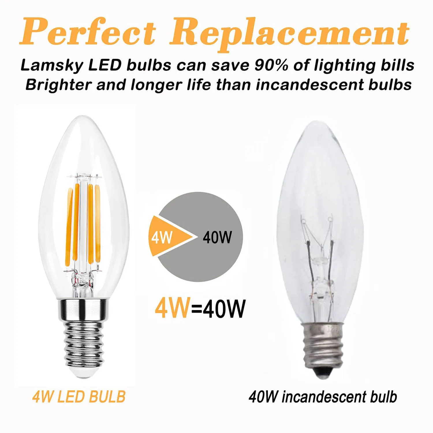 C35 4W E12 E14 Candelabra LED Light Bulbs 40 Watt Equivalent Dimmable 2700K Warm White Chandelier Ceiling Fan Candle Light Bulb