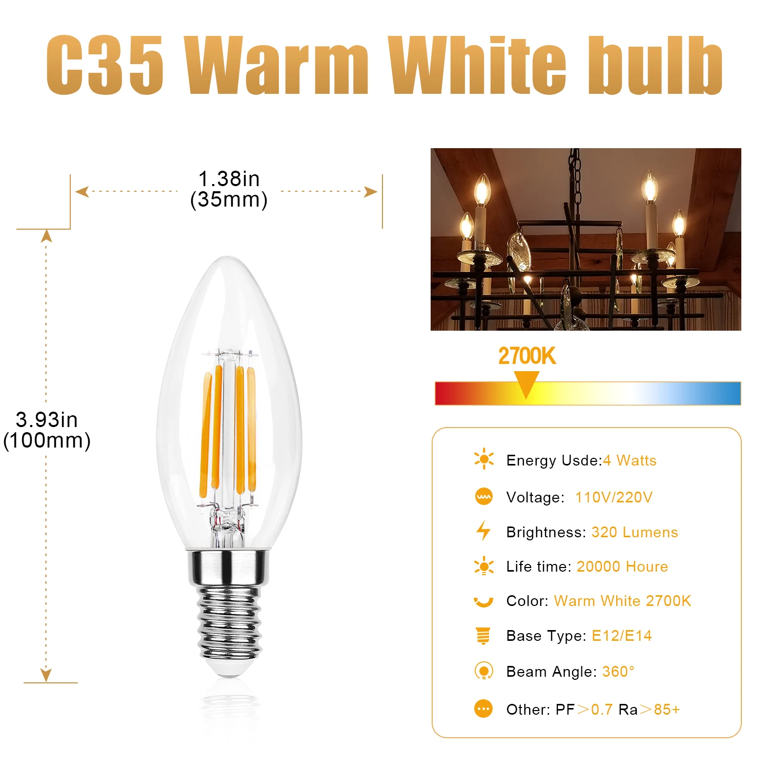 C35 4W E12 E14 Candelabra LED Light Bulbs 40 Watt Equivalent Dimmable 2700K Warm White Chandelier Ceiling Fan Candle Light Bulb