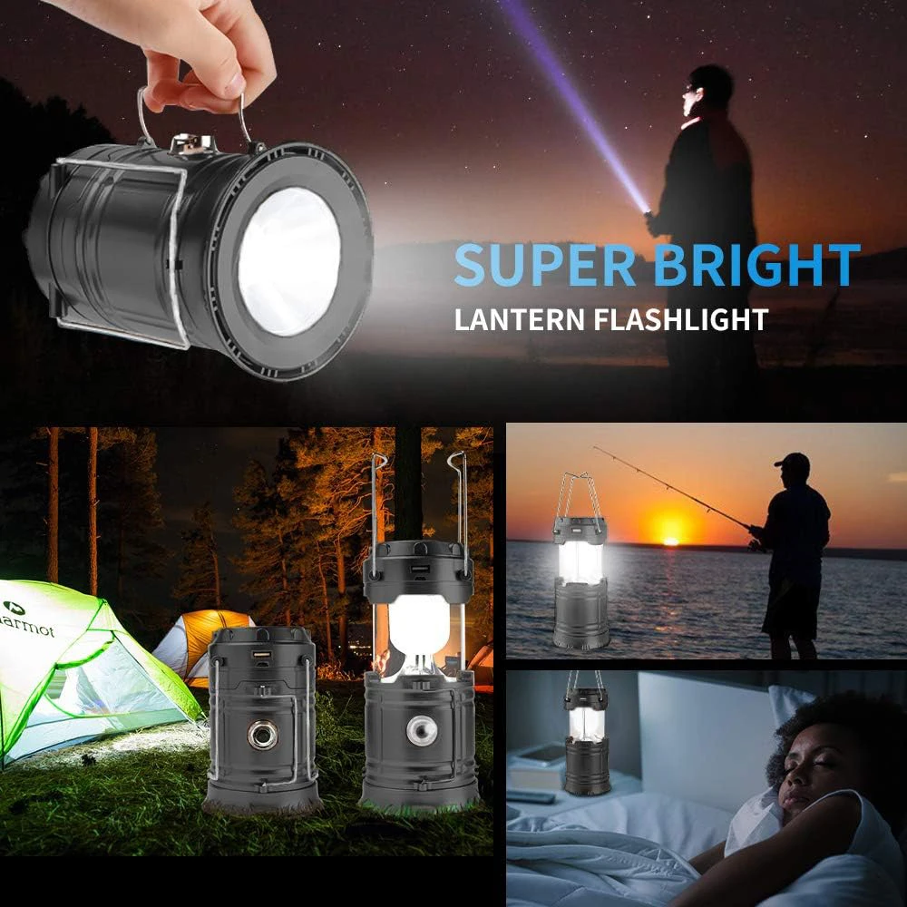 Solar Camping Lantern Collapsible LED Solar USB Rechargeable Lantern Flashlight Emergency Hanging Lights for Outdoor Camping