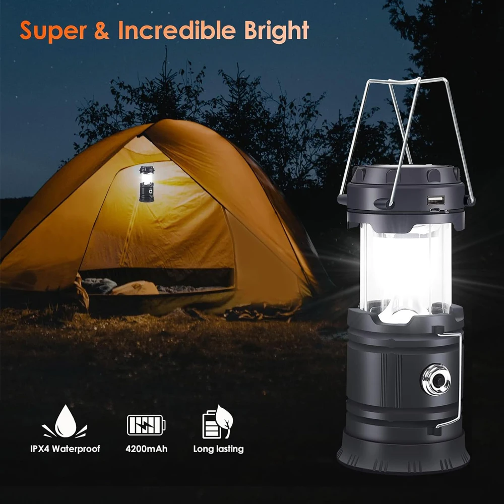 Solar Camping Lantern Collapsible LED Solar USB Rechargeable Lantern Flashlight Emergency Hanging Lights for Outdoor Camping