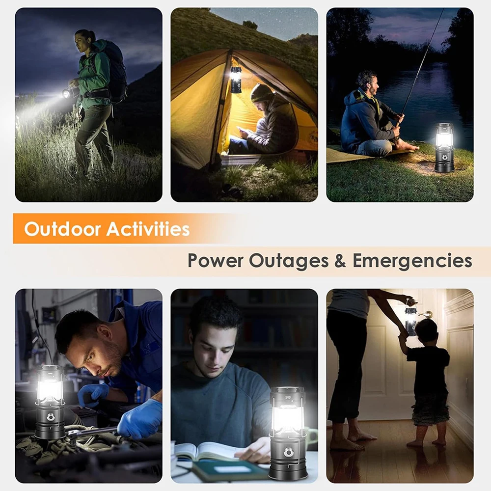 Solar Camping Lantern Collapsible LED Solar USB Rechargeable Lantern Flashlight Emergency Hanging Lights for Outdoor Camping