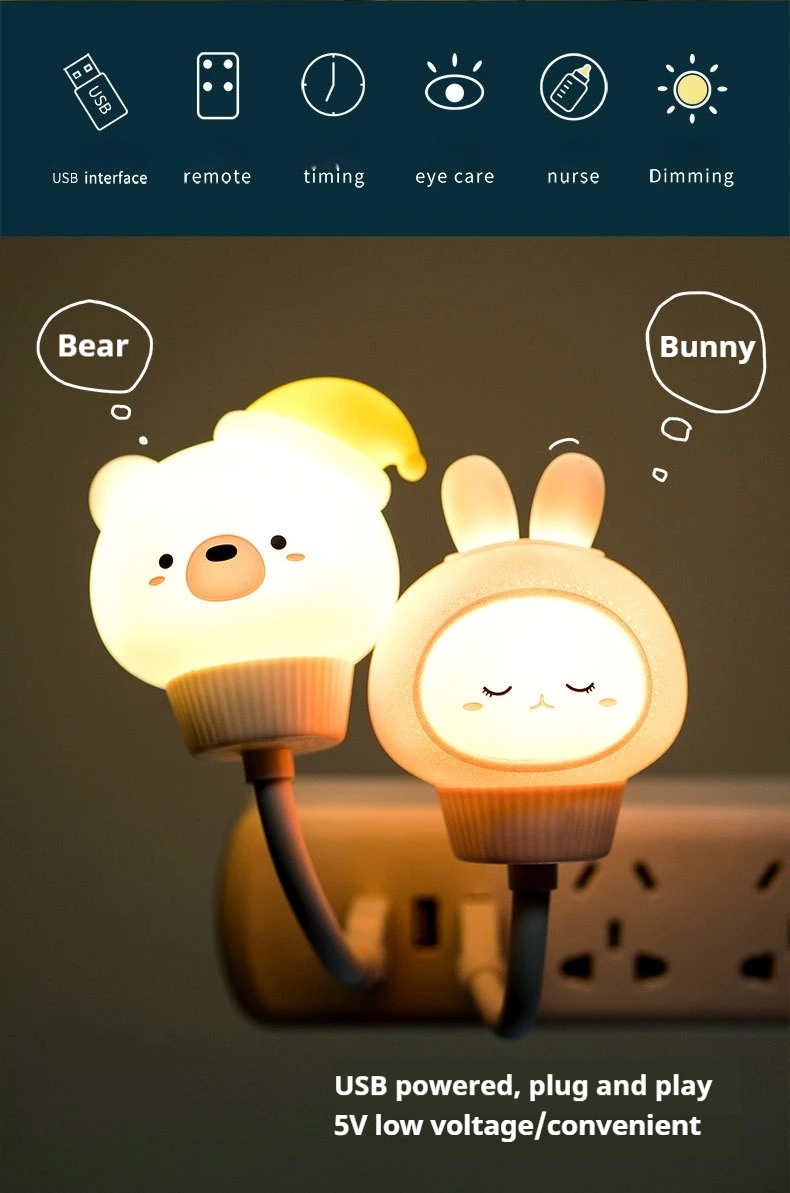 GGbingo Night Light USB/Remote Control LED Cute Cartoon Night Lamp Bear Kitten Light for Kid Bedroom Decor Bedside Lamp