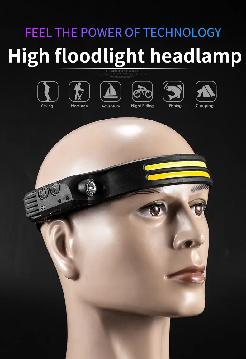 LED COB Induction Headlamp Built-in Battery Sensor Head Flashlight USB Rechargeable 5 Lighting Modes Waterproof Headlight