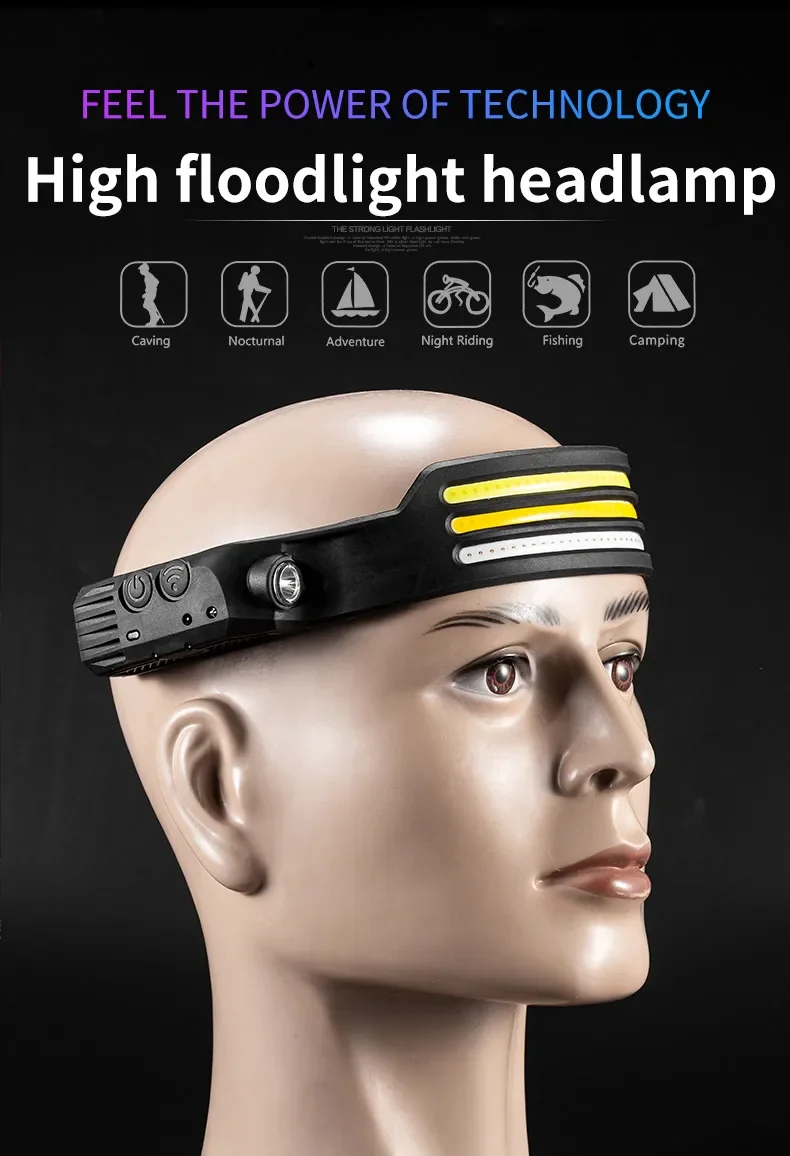 LED COB Induction Headlamp Built-in Battery Sensor Head Flashlight USB Rechargeable 5 Lighting Modes Waterproof Headlight