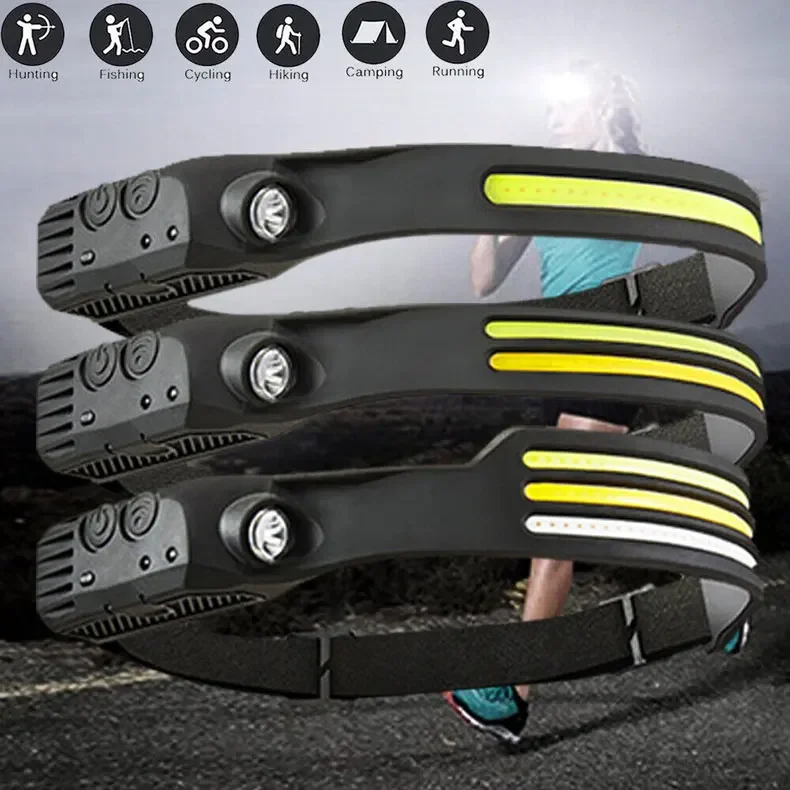 LED COB Induction Headlamp Built-in Battery Sensor Head Flashlight USB Rechargeable 5 Lighting Modes Waterproof Headlight