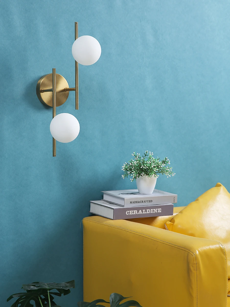 Modern Led Wall Lamps Indoor Golden Wall Lights with Milky Glass Round Ball Bedside Wall Lights Double G9 Bulbs with Light Bulb
