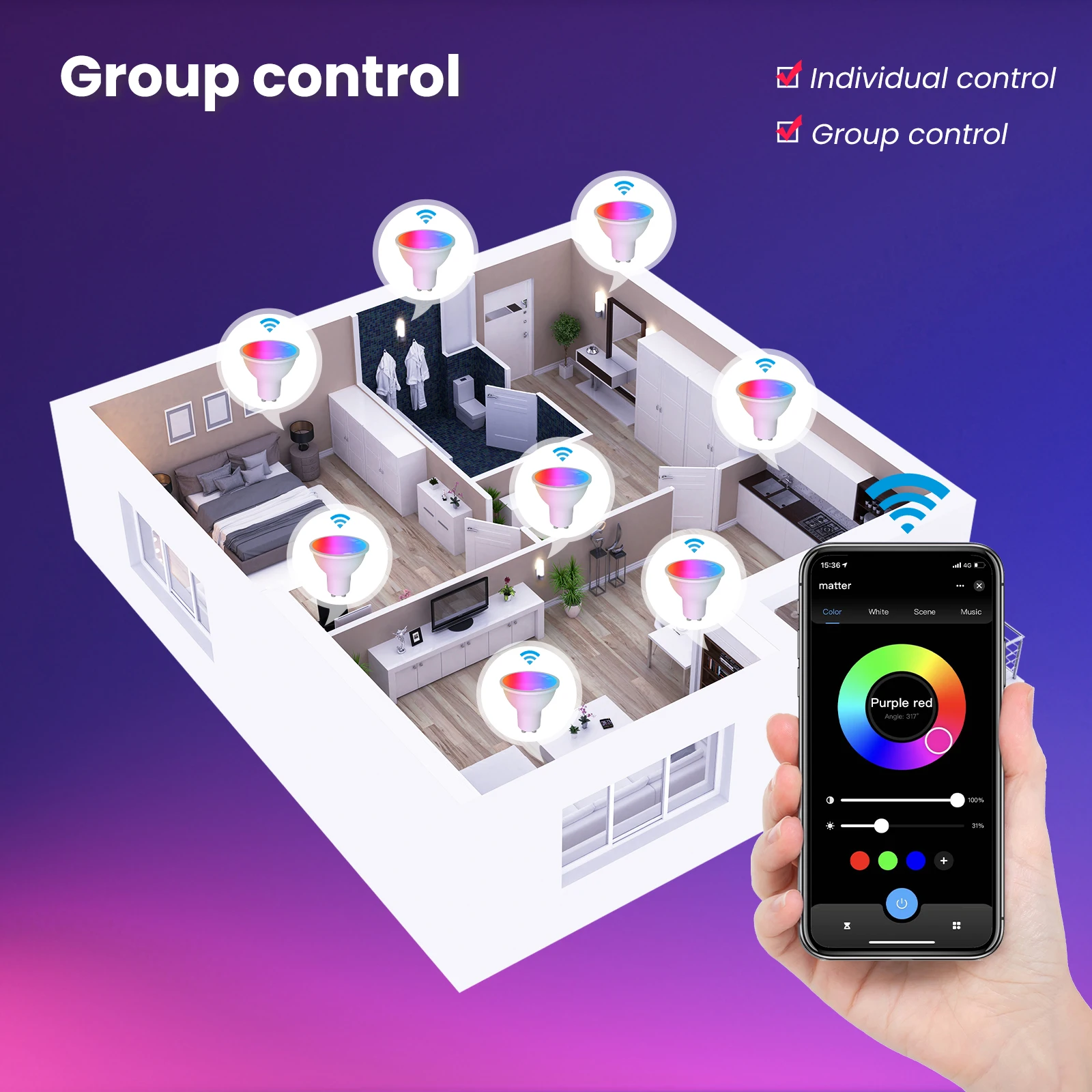 MOES  Matter WiFi GU10 Tuya Smart Bulb Dimmable Led Light 16 Million RGB C+W Colors Candle Lamp Voice Control Alexa Google Home
