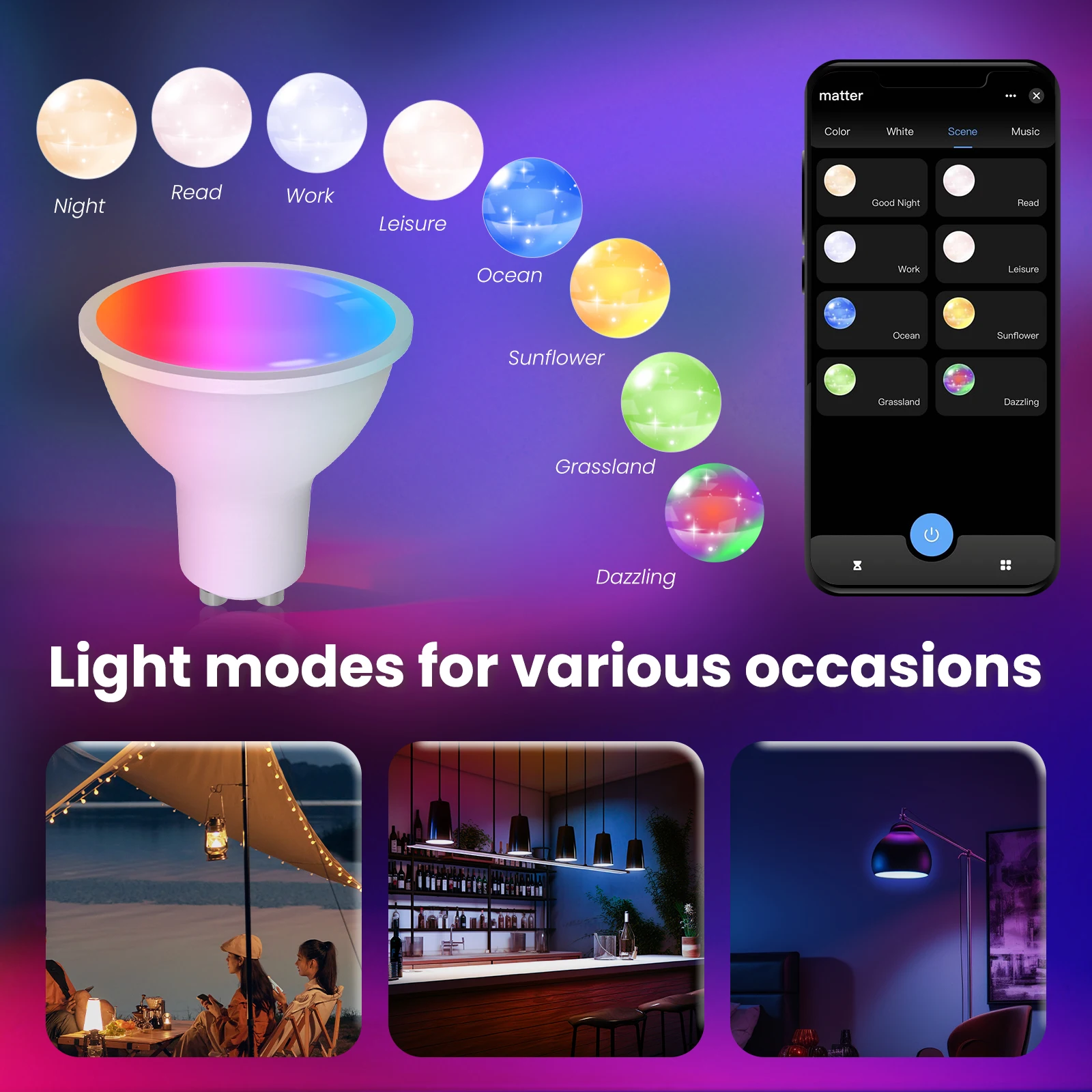 MOES  Matter WiFi GU10 Tuya Smart Bulb Dimmable Led Light 16 Million RGB C+W Colors Candle Lamp Voice Control Alexa Google Home