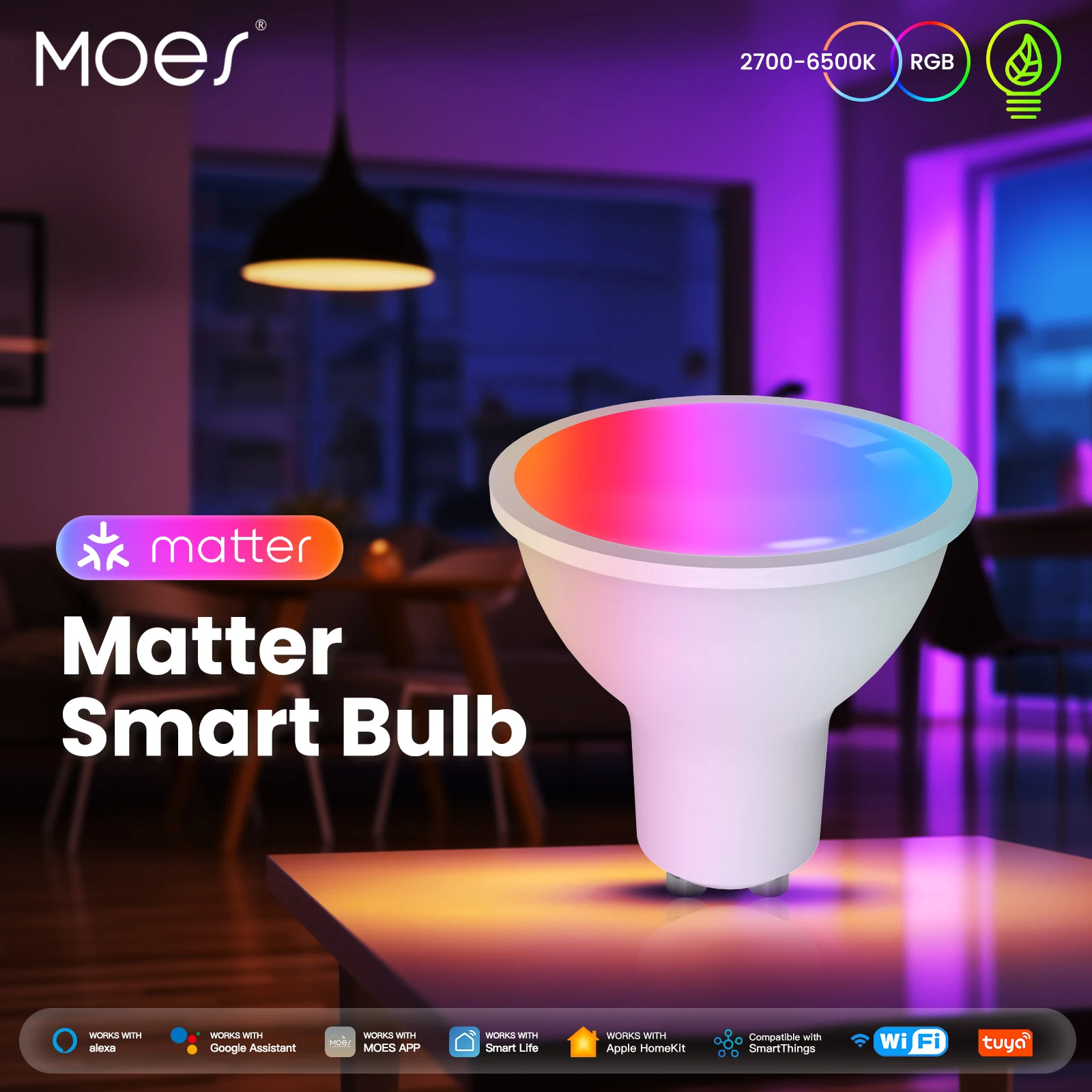 MOES  Matter WiFi GU10 Tuya Smart Bulb Dimmable Led Light 16 Million RGB C+W Colors Candle Lamp Voice Control Alexa Google Home
