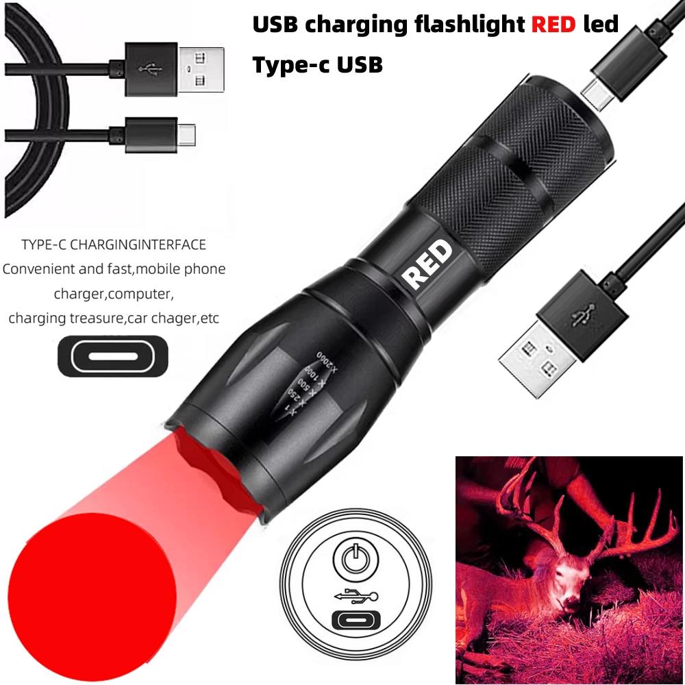 Type-c Rechargeable Red Light Flashlight,Tactical Torch,LED Red Hunting Light,1 Modes Hunting Lights Detector Night Observation