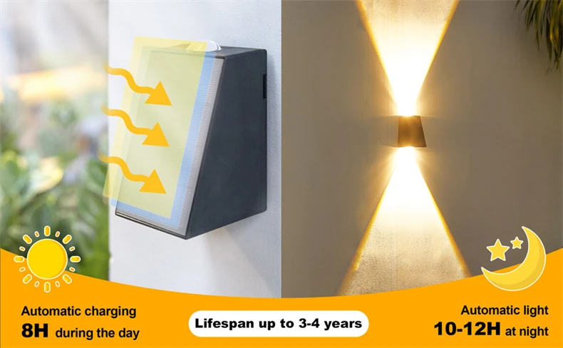 2 LED Solar Wall Lamp Waterproof Outdoor Solar Garden Decor Lights Up and Down Luminous Lighting for Street Balcony Garden Villa