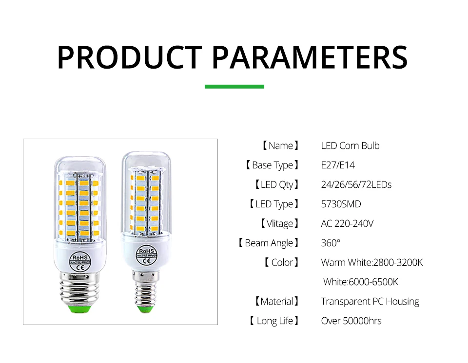 AC 220V E27 LED Lamp E14 LED SMD 5730 Corn Bulb 24 36 56 72LEDs Lamparas Chandelie for Home Ampoule LED Replacement Spotlight