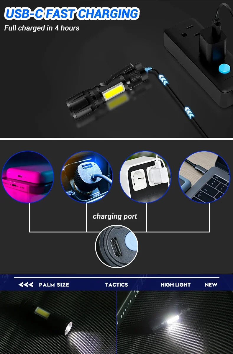 1-5PCS Mini LED Flashlight Zoom Torch COB+XPE Lamp Built-in Battery Lamp Outdoor Waterproof Emergency Pocket Light With Pen Clip