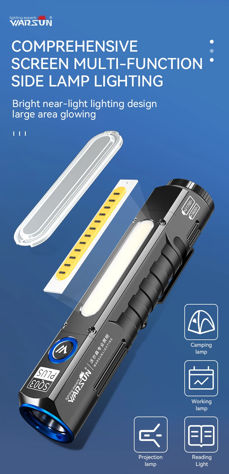 WARSUN Outdoor 2000 Lm Emergency Small Portable Tactical Type C Rechargeable Torch COB LED Flashlight with Magnet