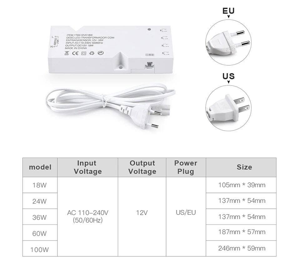 110-250V AC to DC12V 6/10x Dupont Port Lighting Transformer Power Supply Adapter Closet Cabinet LED Strip Driver 36W 60W 100W
