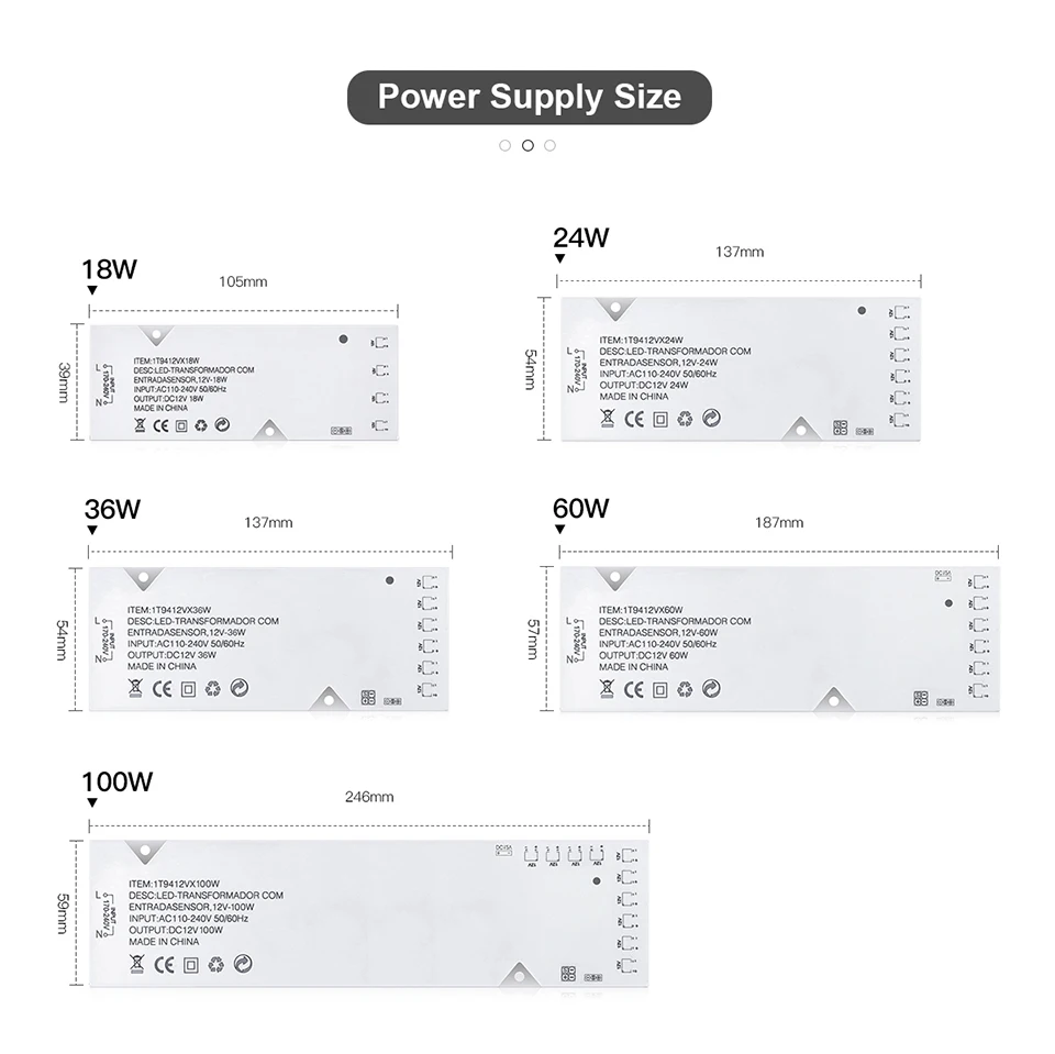 110-250V AC to DC12V 6/10x Dupont Port Lighting Transformer Power Supply Adapter Closet Cabinet LED Strip Driver 36W 60W 100W