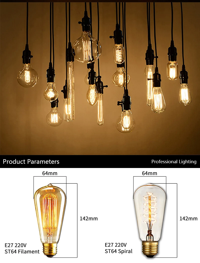 Retro Edison Bulb E27 220V 110V 40W ST64 G80 G95 T10 T45 Dimmable Ampoule Vintage Light Bulb Filament Incandescent Edison Lamp