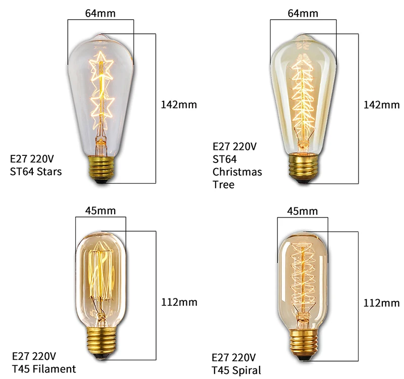 Retro Edison Bulb E27 220V 110V 40W ST64 G80 G95 T10 T45 Dimmable Ampoule Vintage Light Bulb Filament Incandescent Edison Lamp