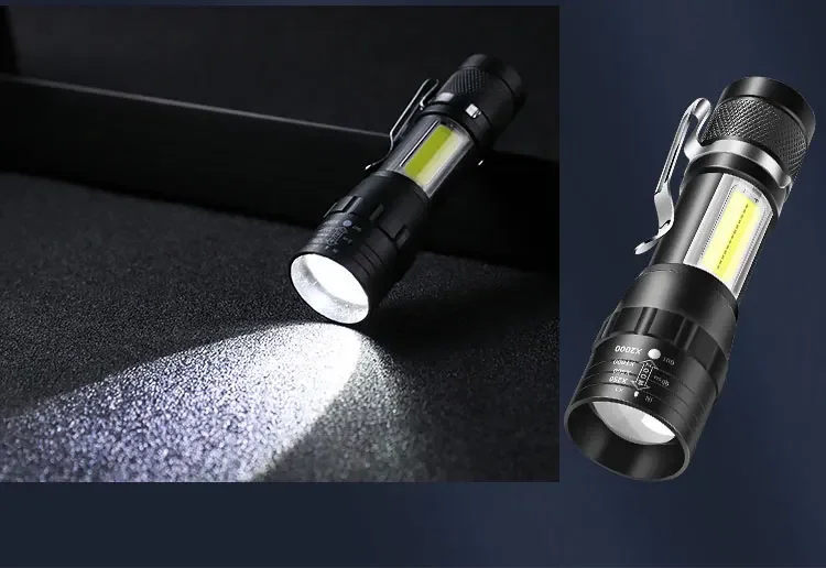 USB Rechargeable Mini Flashlight COB+XPE Portable Built-in Battery Zoomable Small Torch 3 Mode Camping Emergency Flashlights