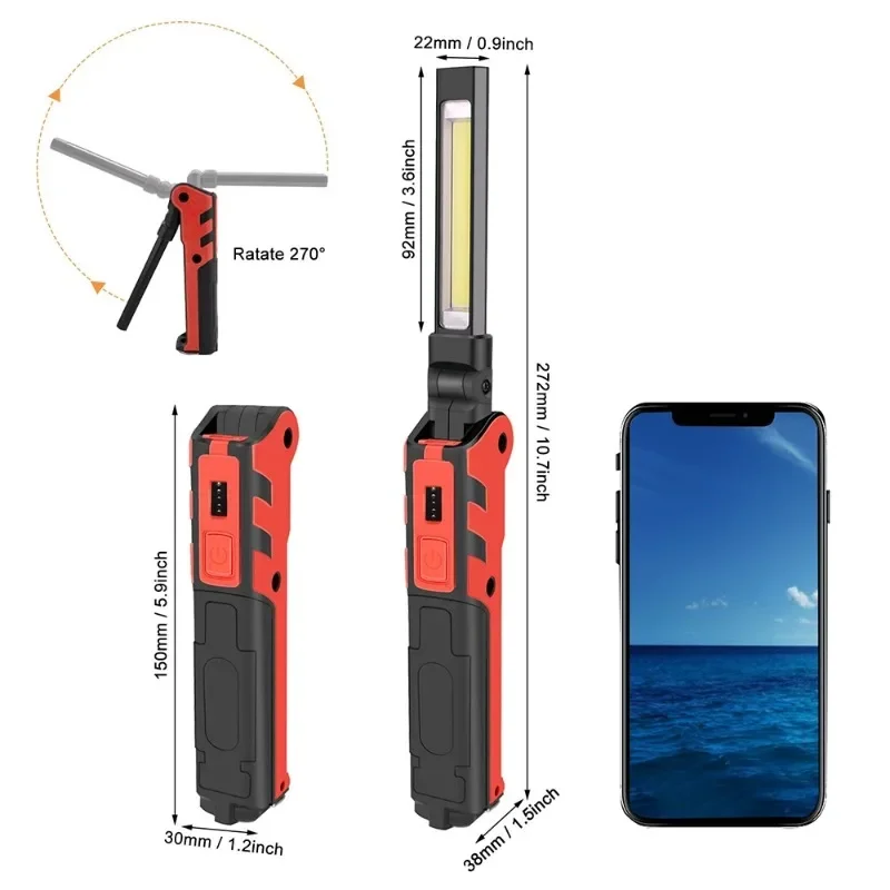 Dimmable COB LED Work Light USB Rechargeable Folding Flashlight Inspection Lamp with Magnetic Hook Power Bank