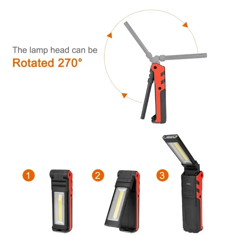 Dimmable COB LED Work Light USB Rechargeable Folding Flashlight Inspection Lamp with Magnetic Hook Power Bank