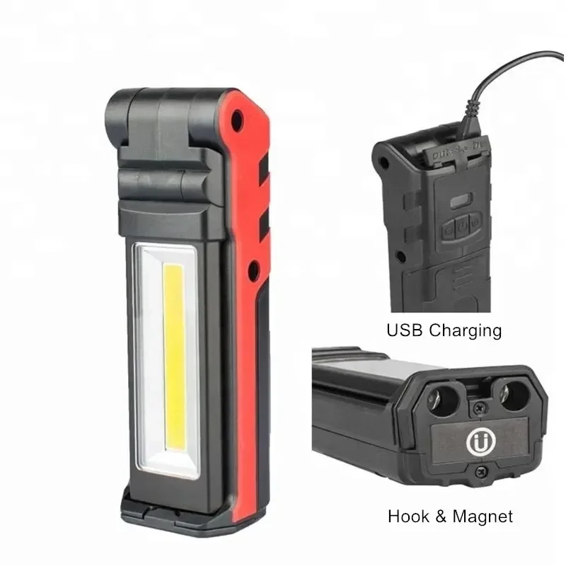 Dimmable COB LED Work Light USB Rechargeable Folding Flashlight Inspection Lamp with Magnetic Hook Power Bank