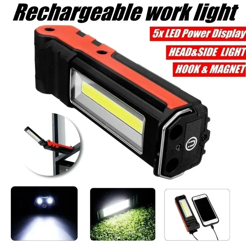 Dimmable COB LED Work Light USB Rechargeable Folding Flashlight Inspection Lamp with Magnetic Hook Power Bank