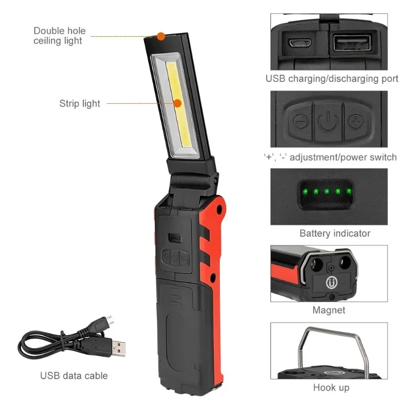 Dimmable COB LED Work Light USB Rechargeable Folding Flashlight Inspection Lamp with Magnetic Hook Power Bank