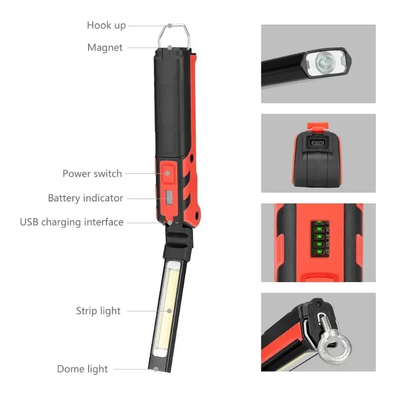 Dimmable COB LED Work Light USB Rechargeable Folding Flashlight Inspection Lamp with Magnetic Hook Power Bank
