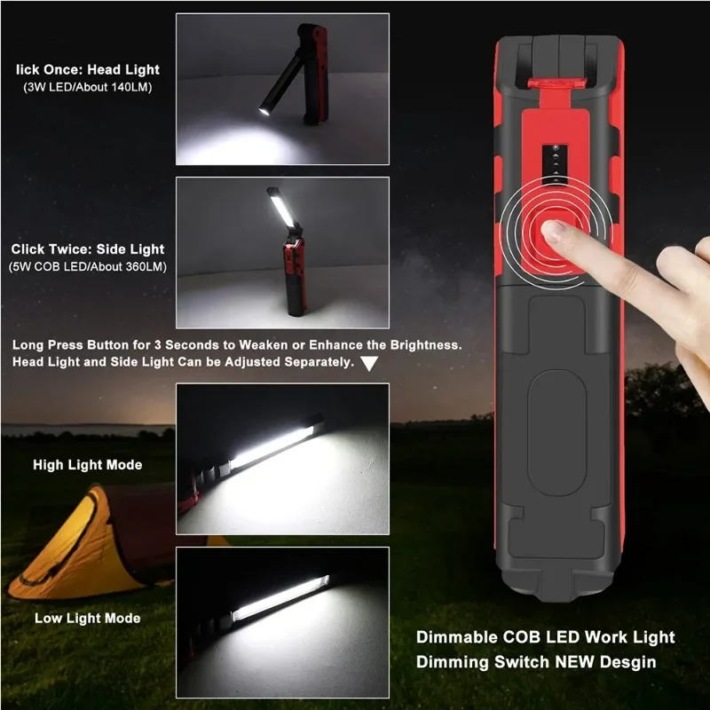 Dimmable COB LED Work Light USB Rechargeable Folding Flashlight Inspection Lamp with Magnetic Hook Power Bank