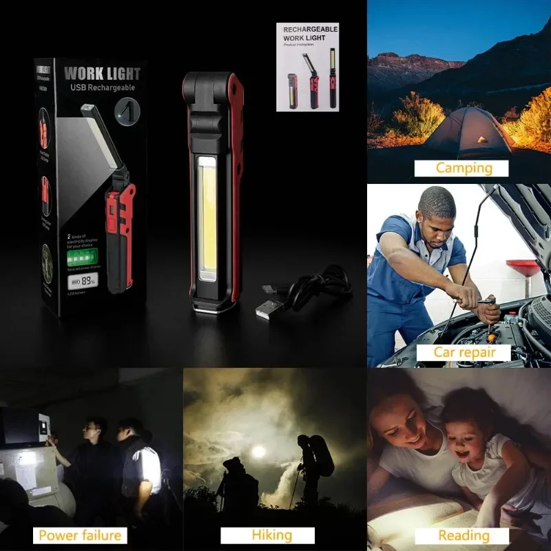Dimmable COB LED Work Light USB Rechargeable Folding Flashlight Inspection Lamp with Magnetic Hook Power Bank