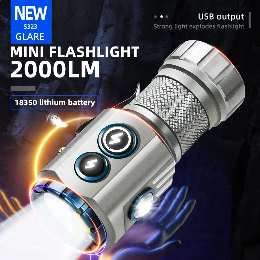 Powerful 2000LM EDC Flashlight Type-c Rechargeable Portable LED Torch RGB Side Lamp with Tail Magnet For Camping Hiking Lantern