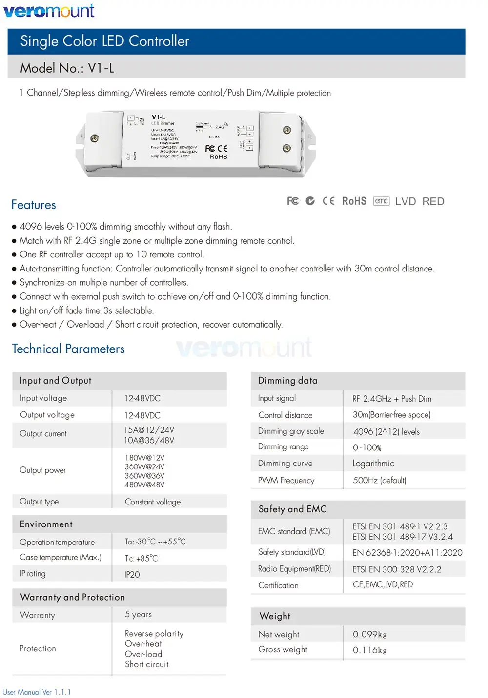 Skydance V1-L 2.4G RF Wireless Remote V1-L(WT) WiFi Tuya APP + Push Dim LED Dimmer CV Controller 12V 24V 15A PWM 0-100% Stepless