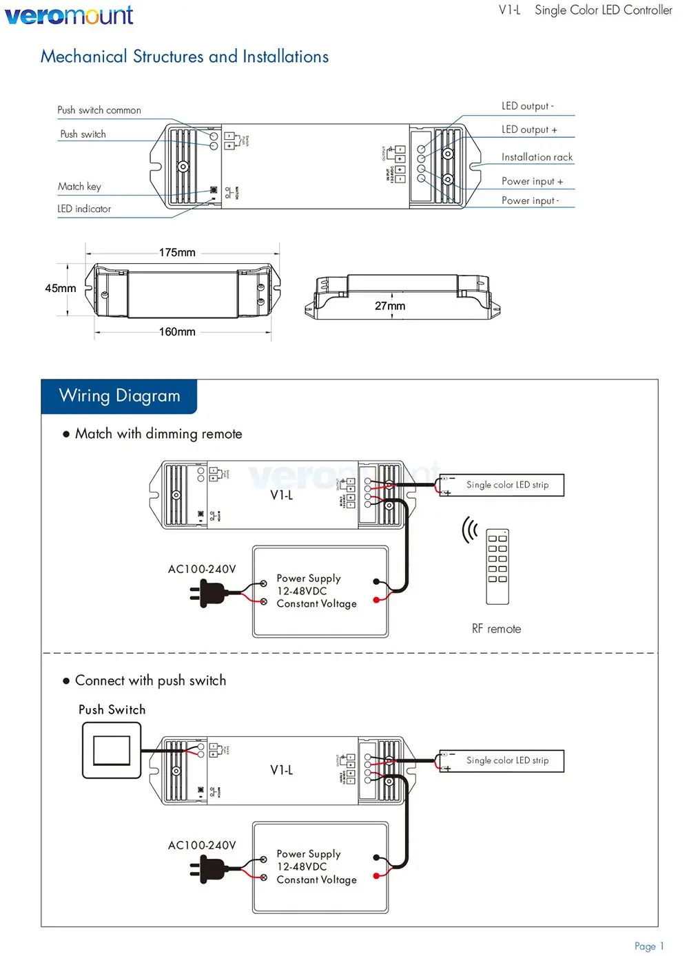Skydance V1-L 2.4G RF Wireless Remote V1-L(WT) WiFi Tuya APP + Push Dim LED Dimmer CV Controller 12V 24V 15A PWM 0-100% Stepless