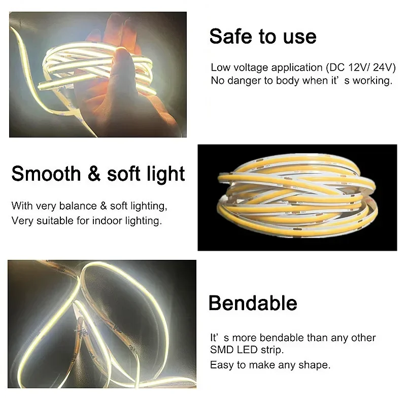 COB LED Strip Light High Density Linear Lighting 320Leds/m Flexible Tape Warm Natural White Red Blue Green DC12 24V LED Strip