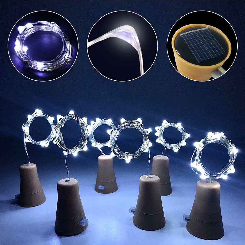 10/20LEDs Solar Wine Bottle String Light Solar Copper Wire Fairy Lights Cork Shape Christmas Lamp For Wedding Party Garden Decor