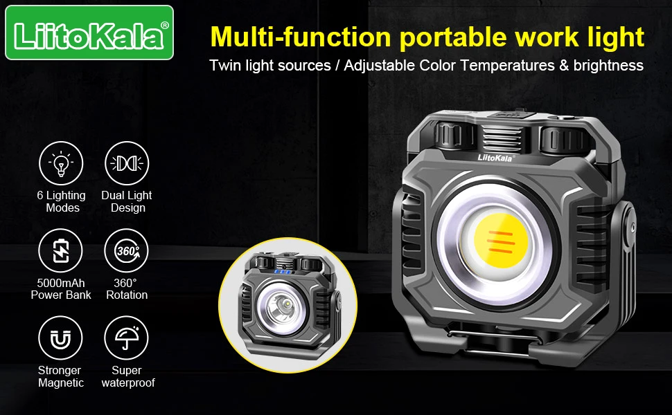 LiitoKala LF-786 Work Lights+26650 5000mAh Battery Rechargeable 2700-8000K Temperature Sensitive Magnetic Work Light 360° Rotata