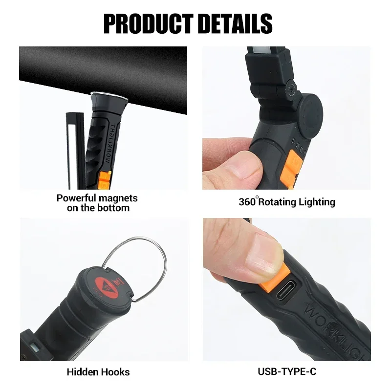 USB Rechargeable COB LED Flashlight Work Light Magnetic Torch Portable Hanging Lamp with Built-in Battery Camping Torch